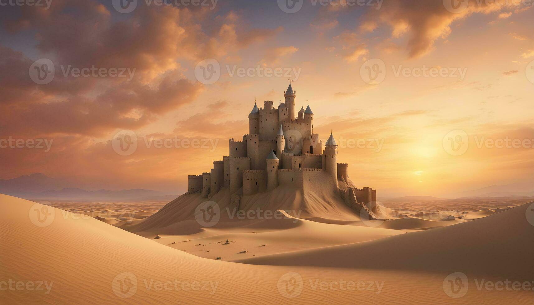 AI generated a castle in the desert with a sunset photo