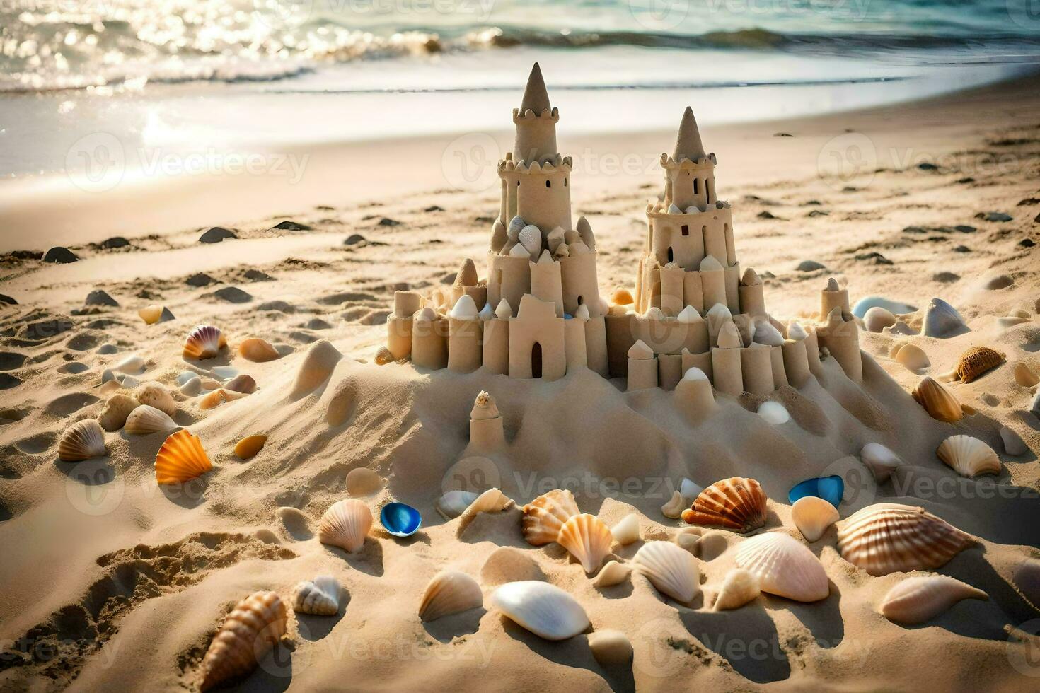 ai generado un arena castillo en el playa con conchas foto