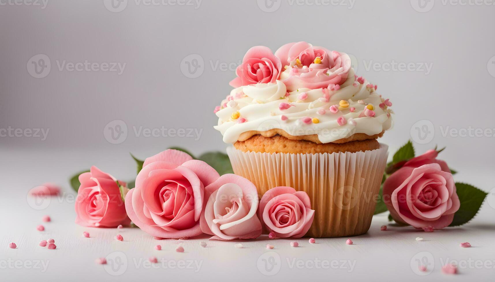 AI generated cupcake with pink roses on a white background photo