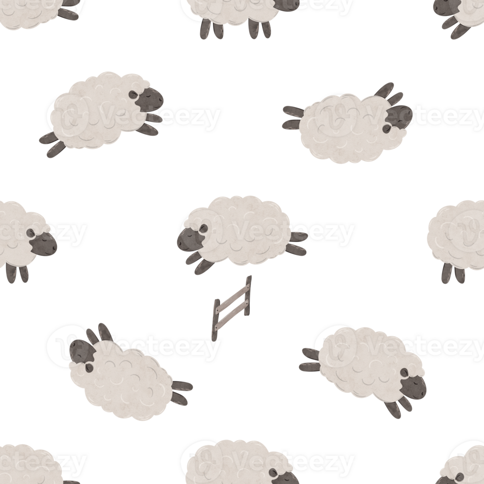 Seamless pattern with Cute cartoon baby Sheep jumping over the fence. Good night. Counting sheep for insomnia. Endless background in scandinavian style with magical stars. Digital illustration for png