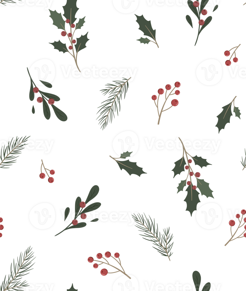 Seamless pattern of simple botanical elements in scandinavian style. Twig of conifers evergreen tree, ilex, red berries. Hand drawn Stylized repeated background. Endless print for wallpapers, fabric png