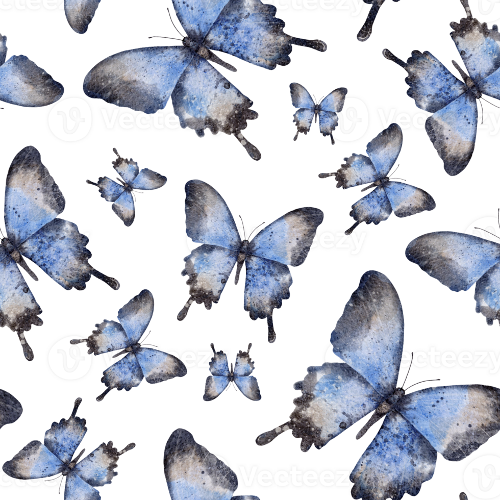 Seamless pattern with moth or blue butterfly. Hand draw watercolor Insect illustration. Endless background for wallpaper, fabric, wrapping paper. png
