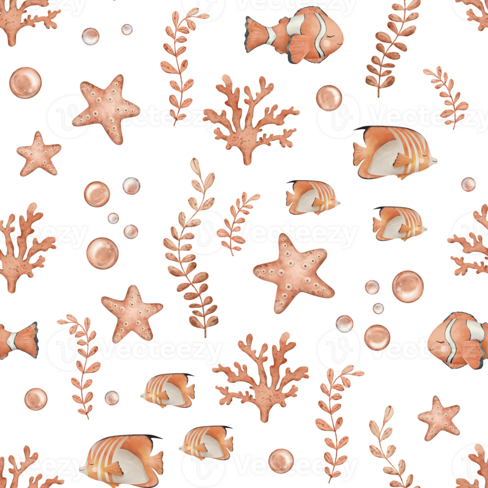 Seamless pattern of Anemonefish or Clownfish in orange, black and white color and starfish, marine coral, seaweed algae. Hand drawn watercolor background of sea fish for nursery, wallpaper, textile png