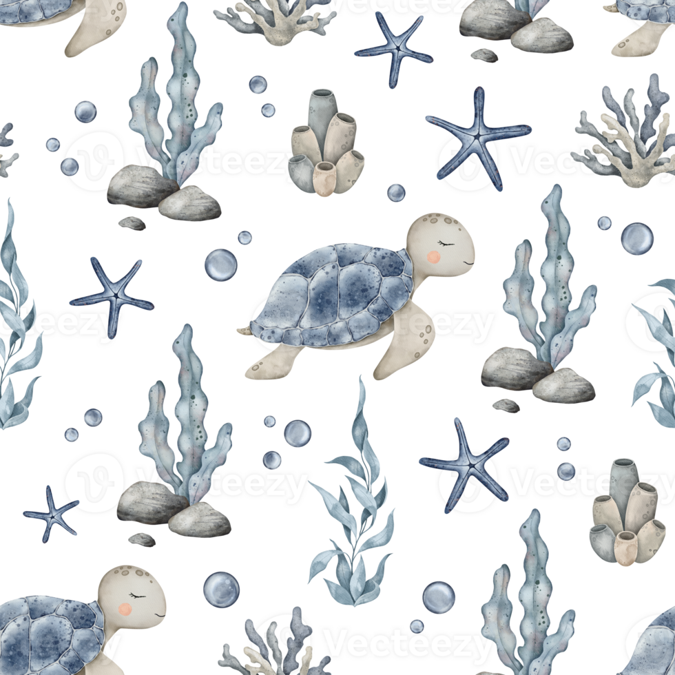 Marine seamless pattern sea animals, plants, seashell, starfish, marine corals, seaweed algae. Hand drawn watercolor background of sea fish for nursery, wallpaper, textile png