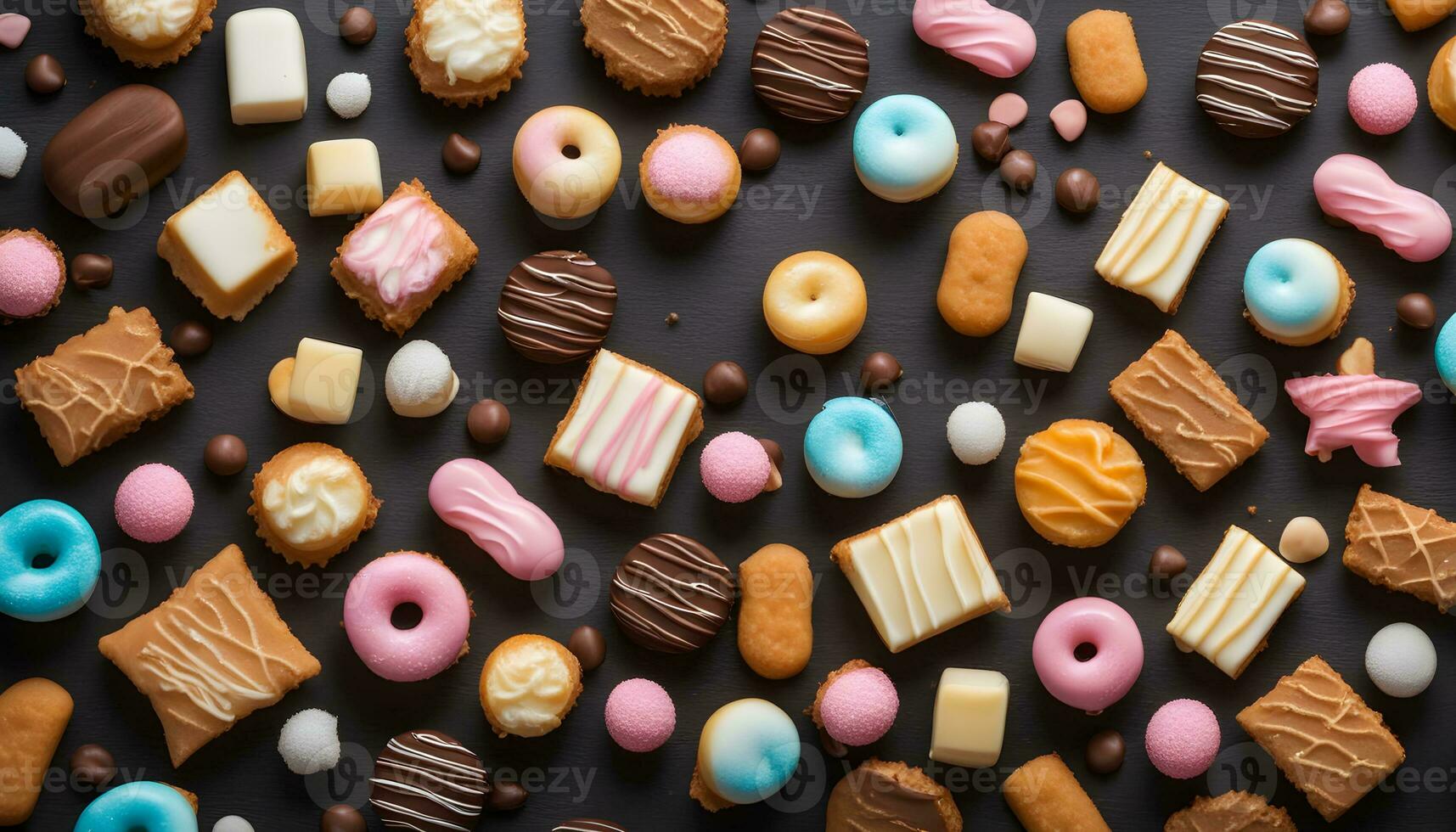 AI generated many different types of cookies and pastries on a black background photo