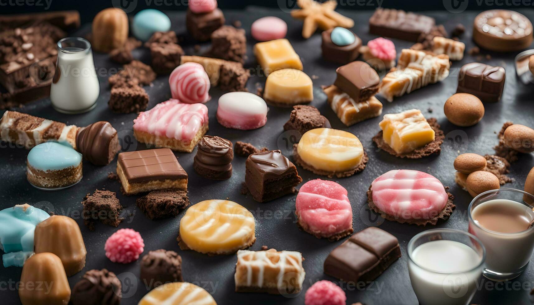 AI generated assortment of chocolates and sweets on a dark background photo