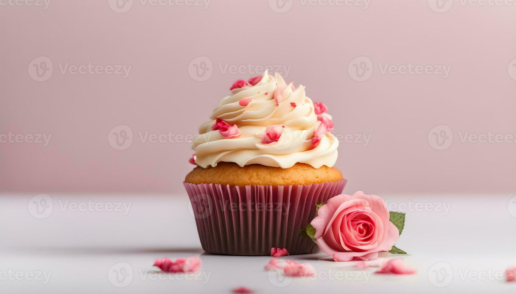 AI generated cupcake with frosting and pink rose on pink background photo