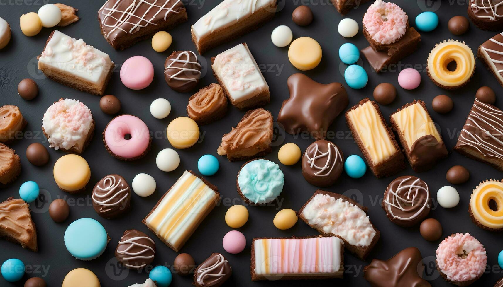 AI generated assortment of chocolate and other sweets on a black background photo