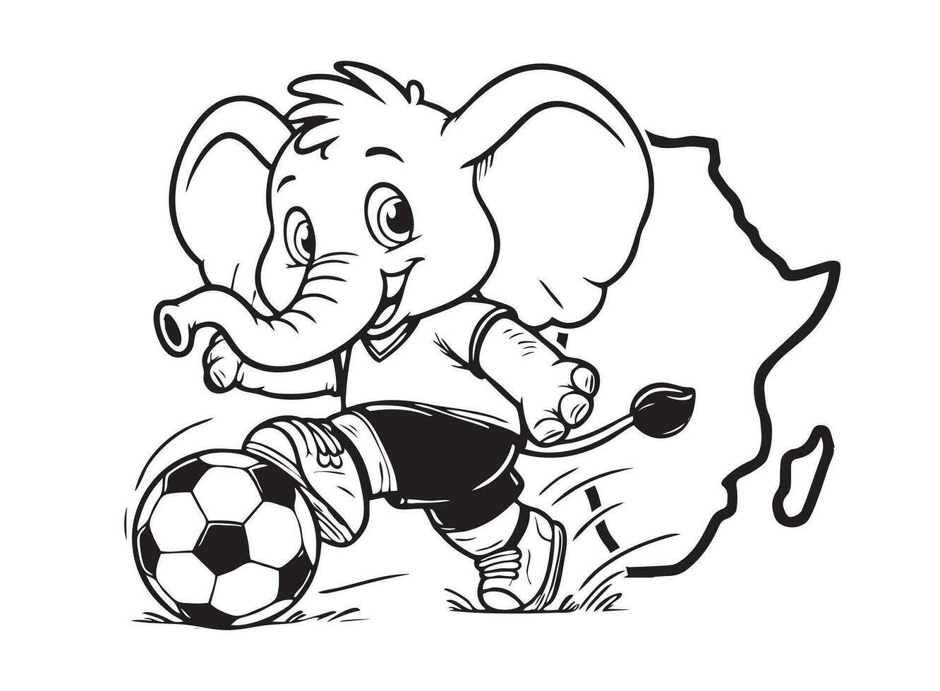 Elephant mascot cartoon character playing football soccer Ivory Coast symbol Africa continent team vector art comic drawing