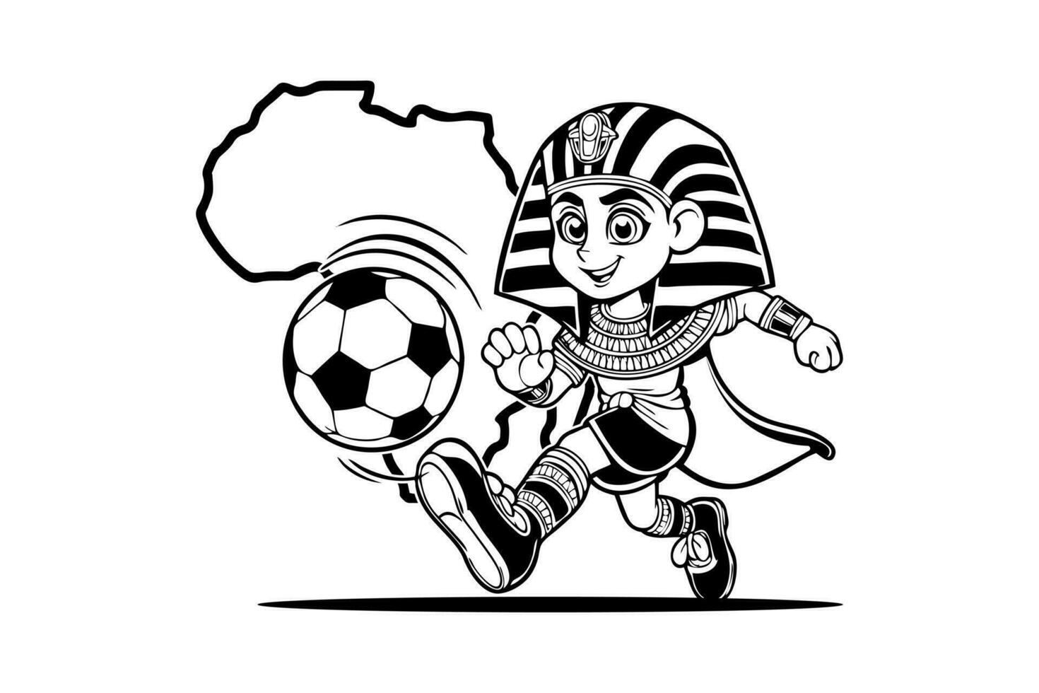 Egyptian pharaonic king cartoon mascot character playing football soccer Africa continent team vector art comic drawing