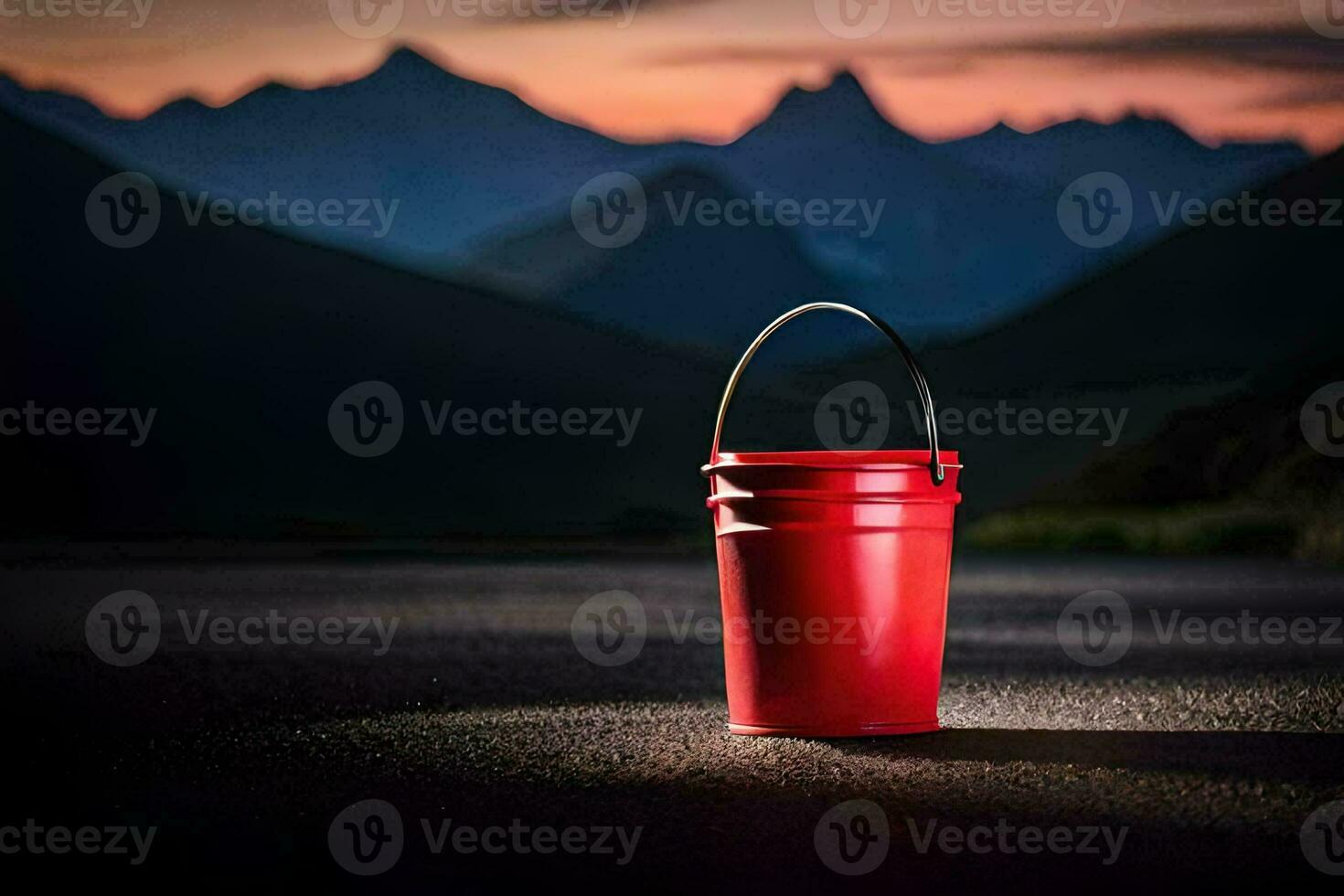 AI generated a red bucket sitting on the road in front of mountains photo