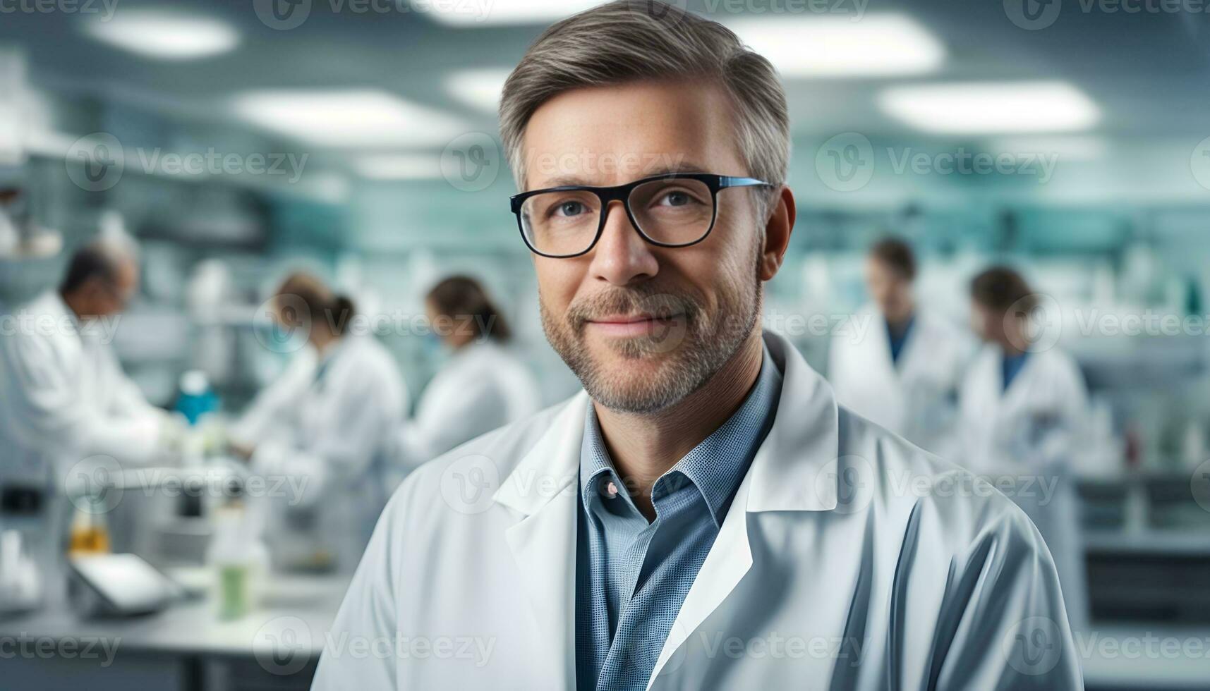 AI generated a man in lab coat and glasses standing in front of a lab photo