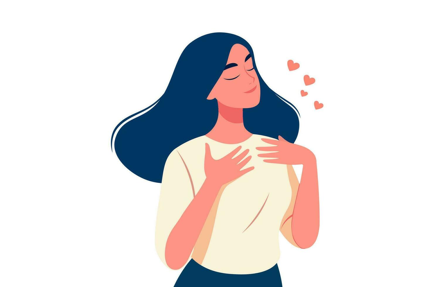 happy and positive woman with long hair, hugging oneself ,Love yourself, self-love and self-care concept. vector illustration.