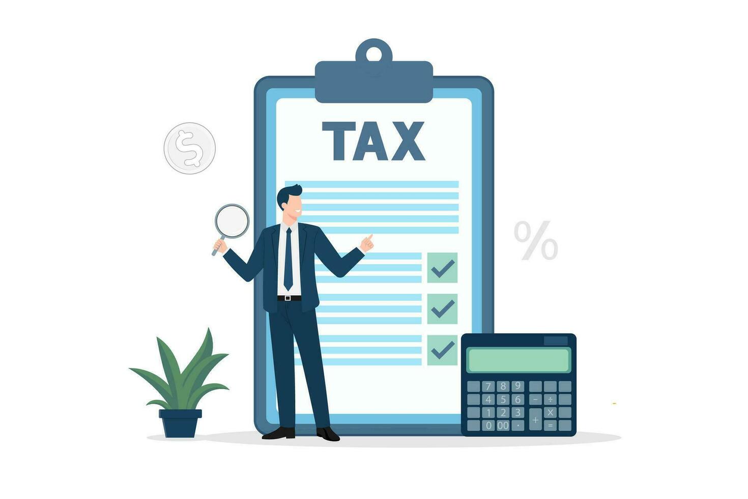 business man Filling tax form or Tax management and Financial asset,calculator,Tax documents for background or baner, flat vector illustration.