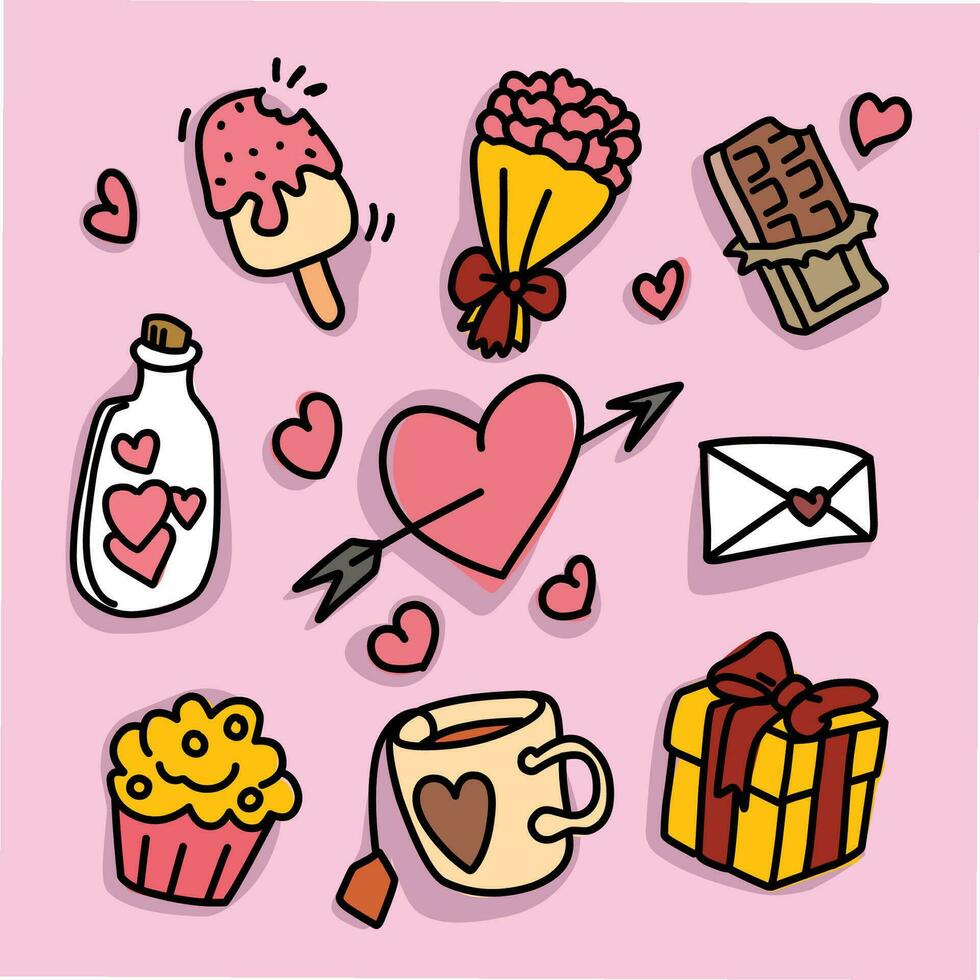 Set of cute Valentine doodle pink colored vector