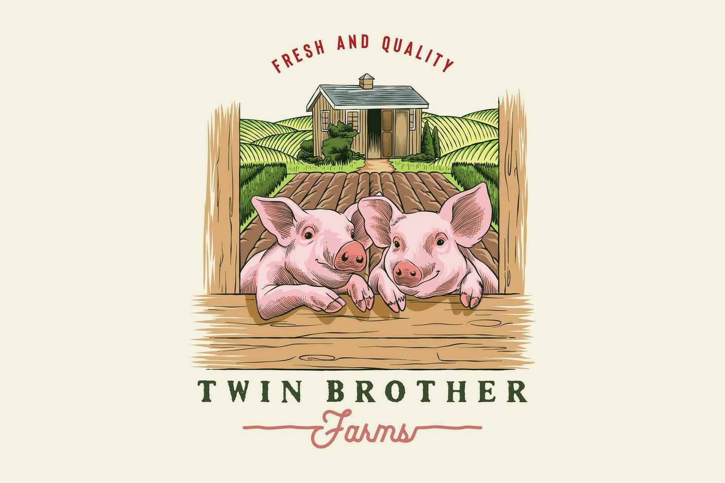 vector logo of agriculture and two pigs in vintage style
