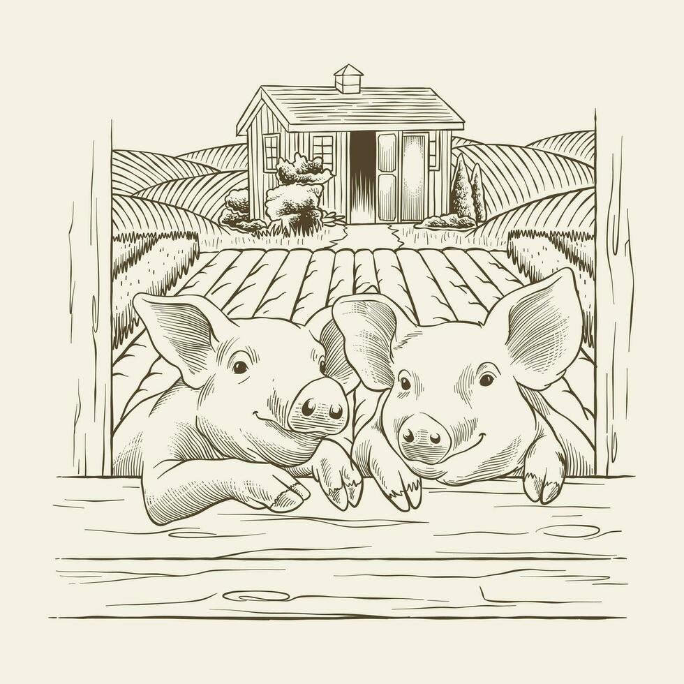 illustration of two pigs and a farm vector