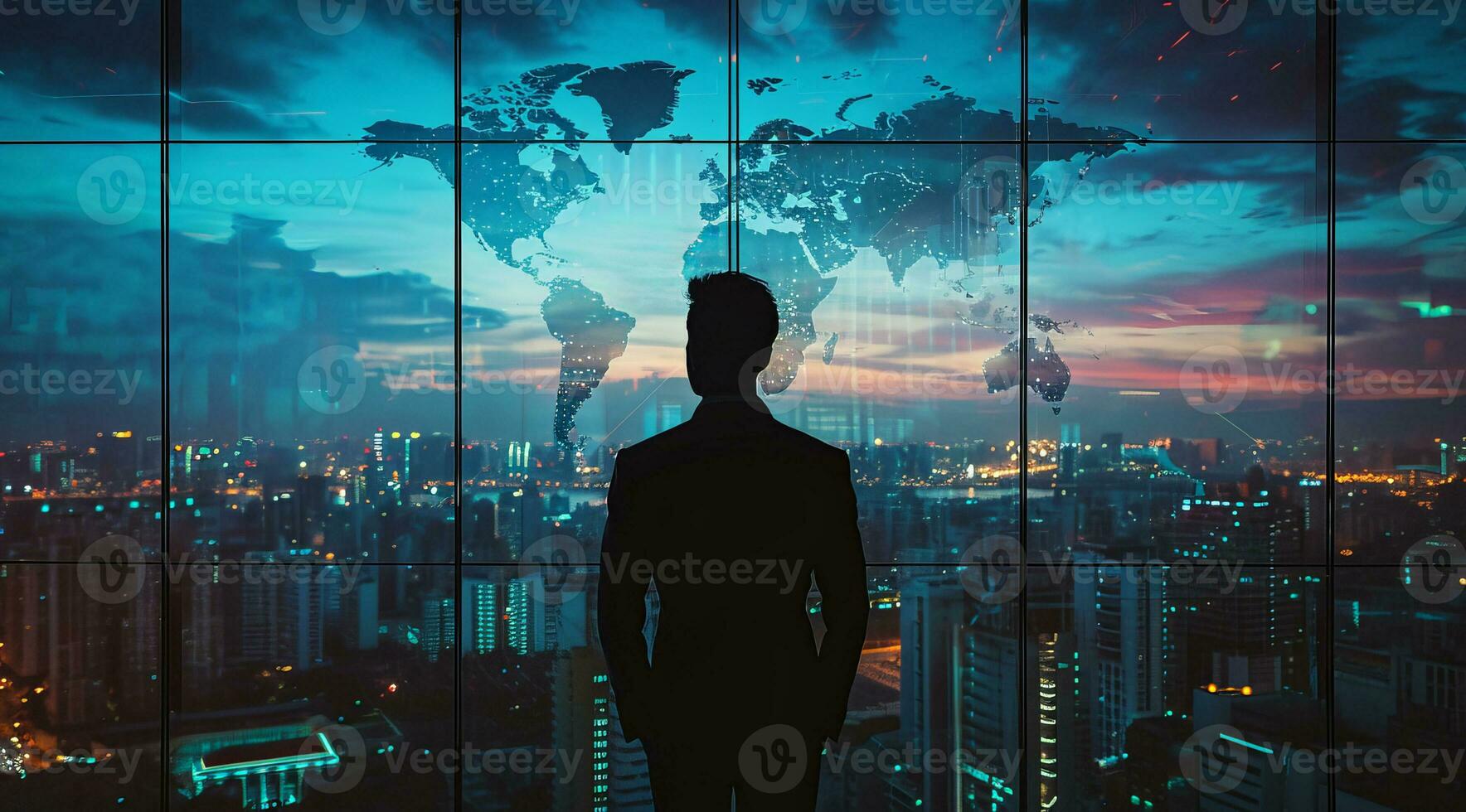 AI generated Confident business manager executive overlooking financial center from corporate office photo