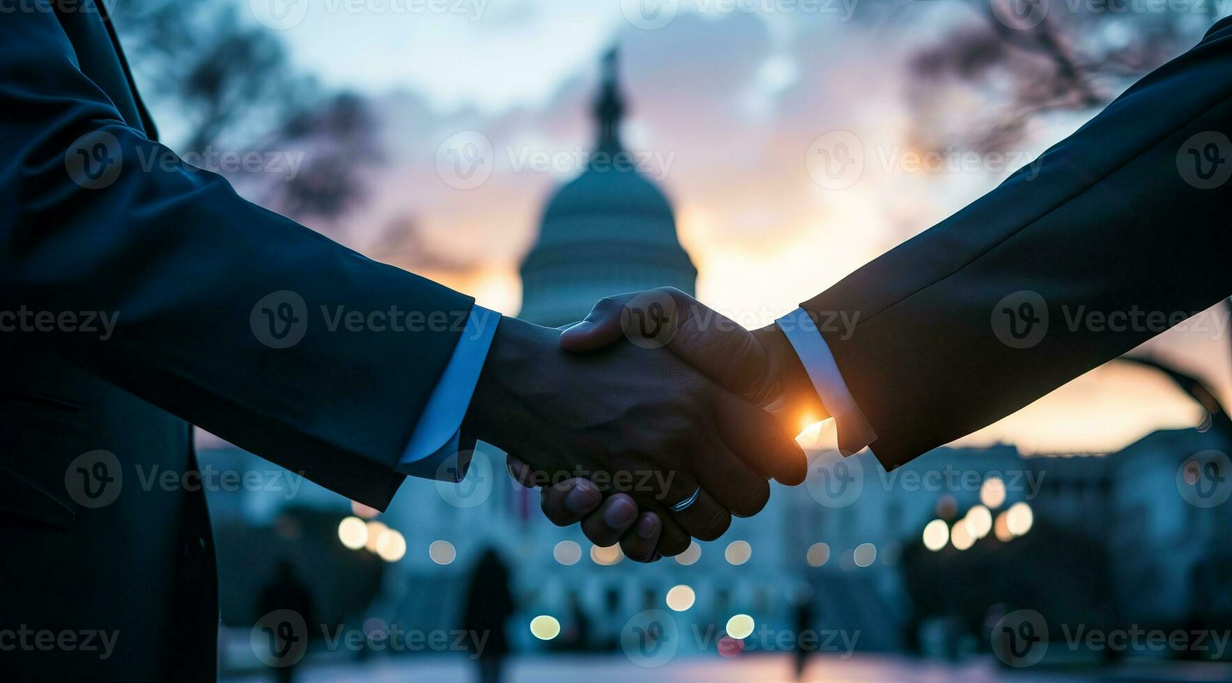 AI generated Black businessmen handshake, good business deal and political success strategy in White House photo