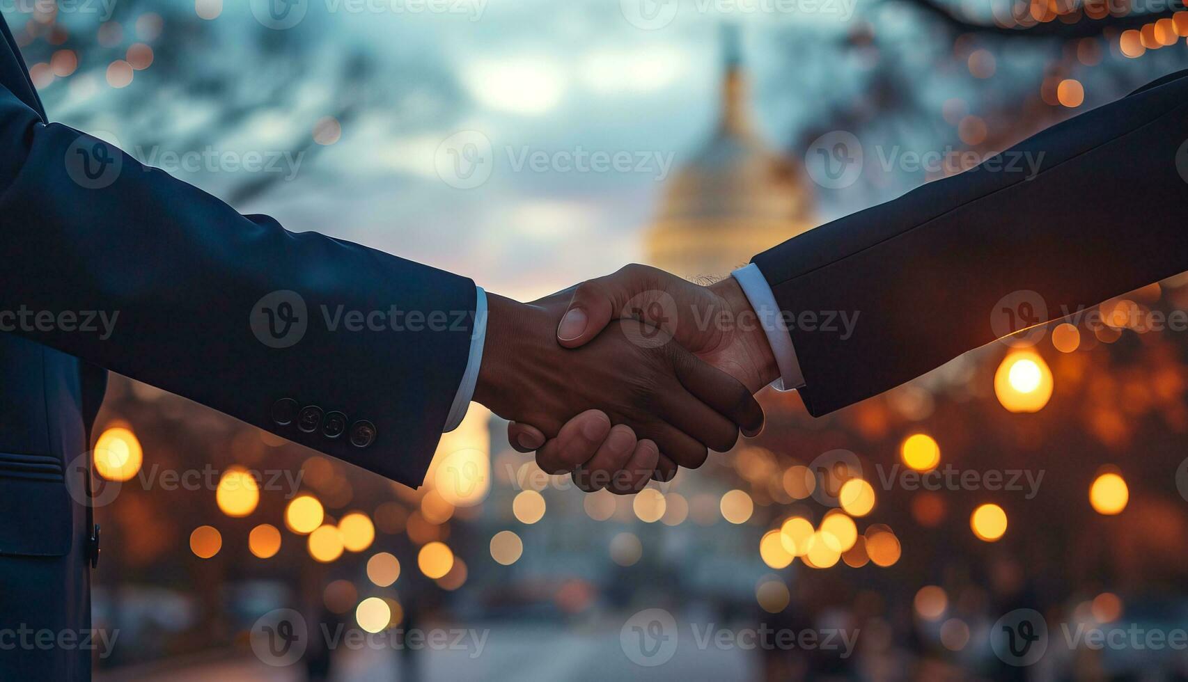 AI generated Black businessmen handshake, good business deal and political success strategy in White House photo