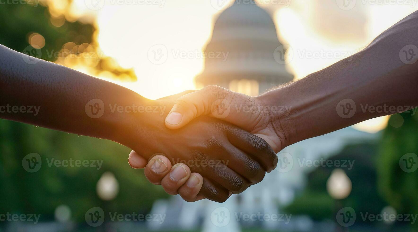 AI generated Black businessmen handshake, good business deal and political success strategy in White House photo