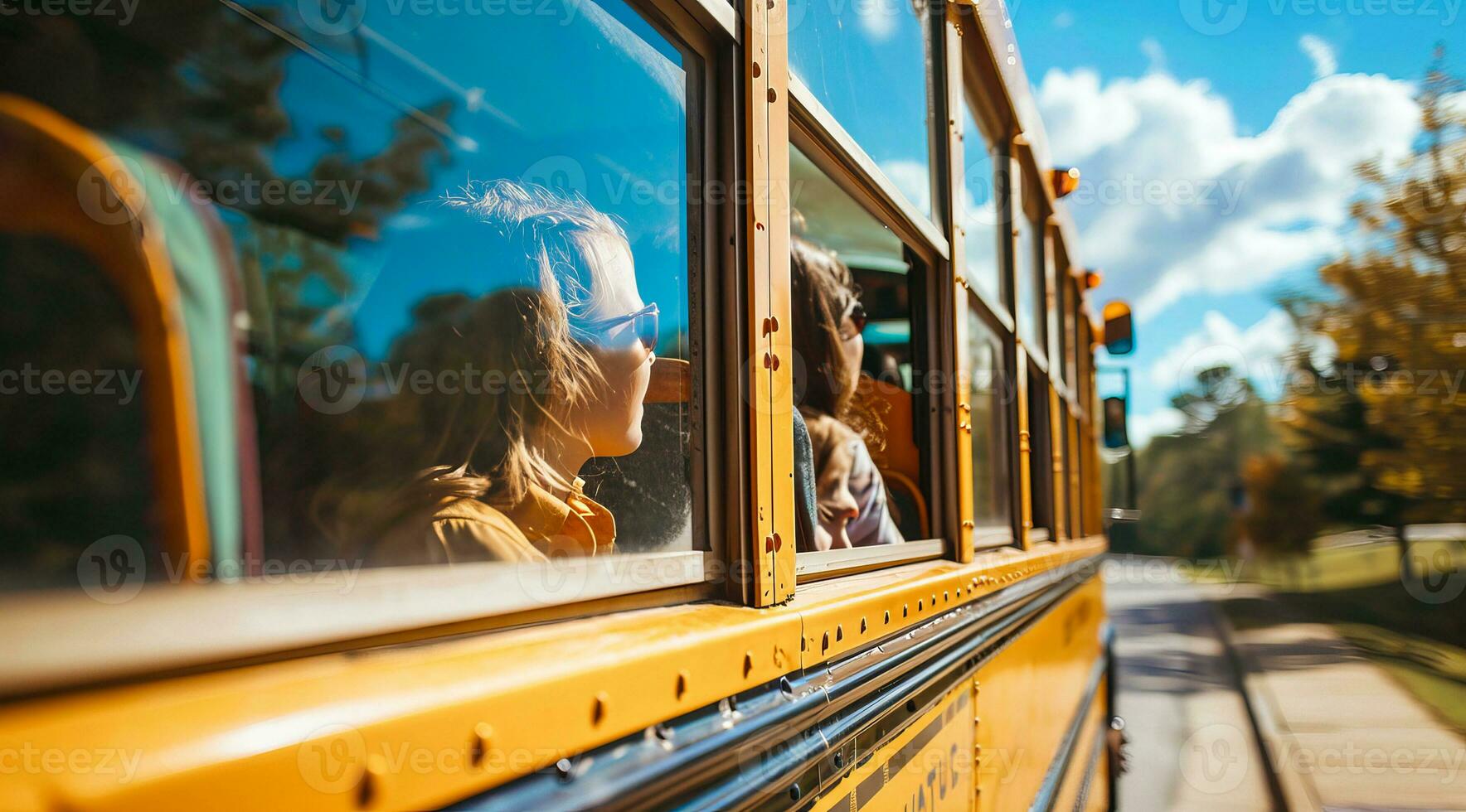 ai generado colegio autobús que lleva niños a alto colegio foto
