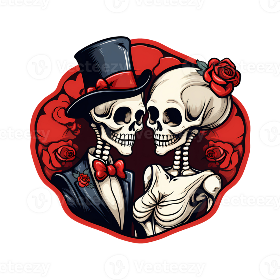 AI generated Skull couple art illustrations for stickers, tshirt design, poster etc png