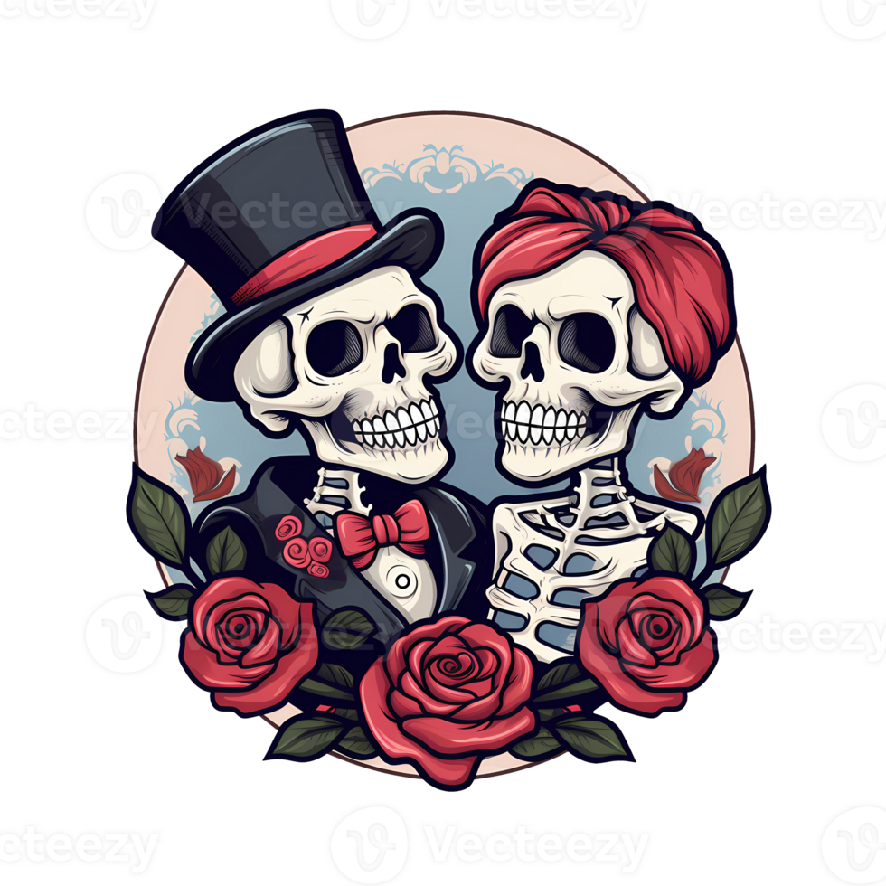 AI generated Skull couple art illustrations for stickers, tshirt design, poster etc png