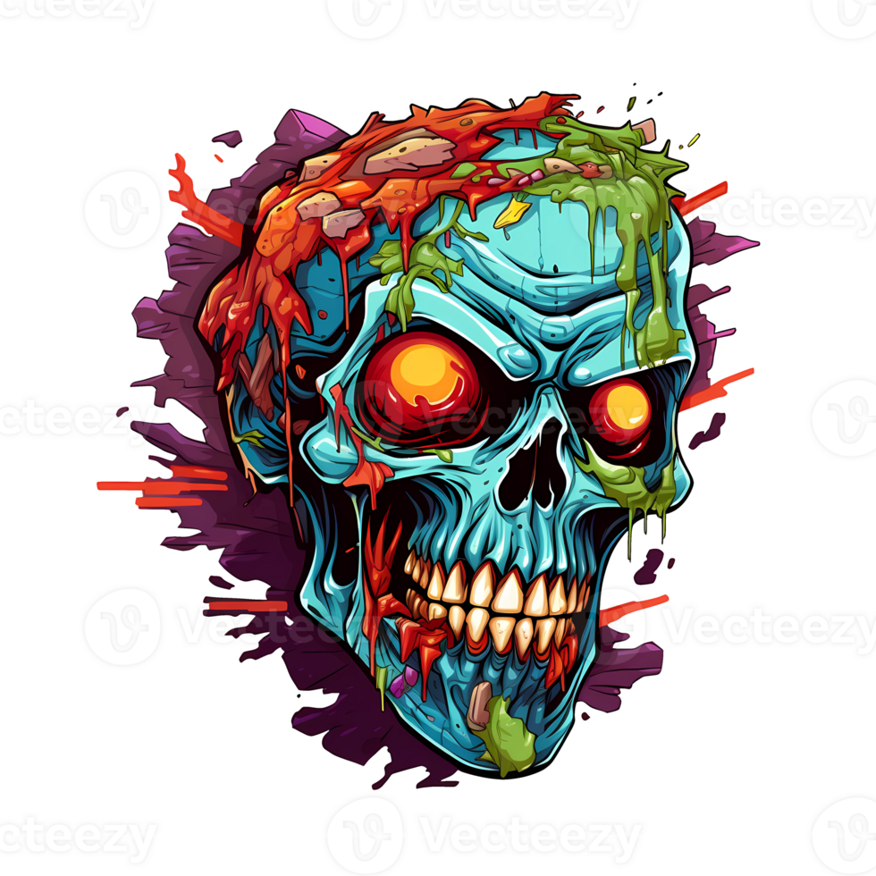 AI generated colorful zombie head art illustrations for stickers, tshirt design, poster etc png