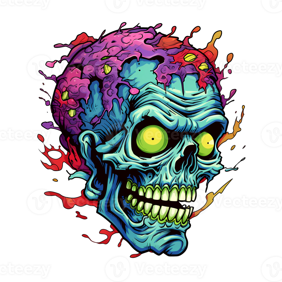 AI generated colorful zombie head art illustrations for stickers, tshirt design, poster etc png