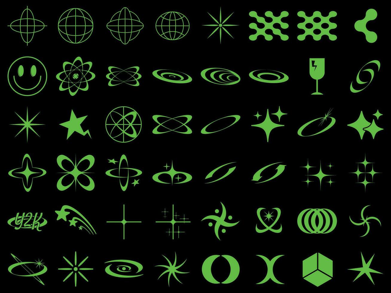 Retro Y2K futuristic elements vector graphic assets set. Bold modern shapes objects in y2k style.