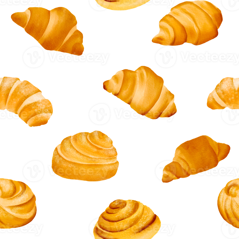 Seamless pattern crispy, fragrant croissants with a tanned crust. The perfect French breakfast and snack at work. Good for a tea party. Isolated hand drawn digital watercolor background png