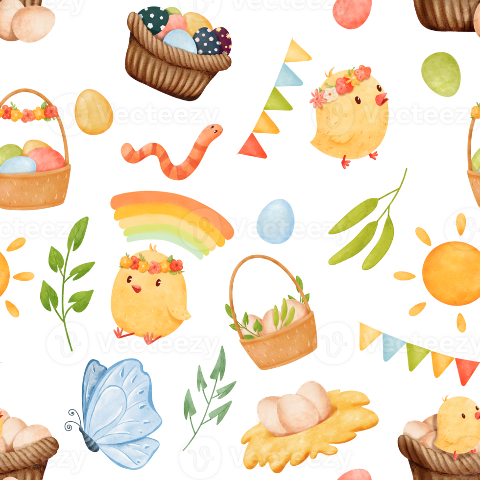 seamless watercolor pattern, chicks, egg baskets garlands butterflies greenery, and the sun, Easter theme. cartoonish style, for applications, textiles, stationery, and festive decorations png