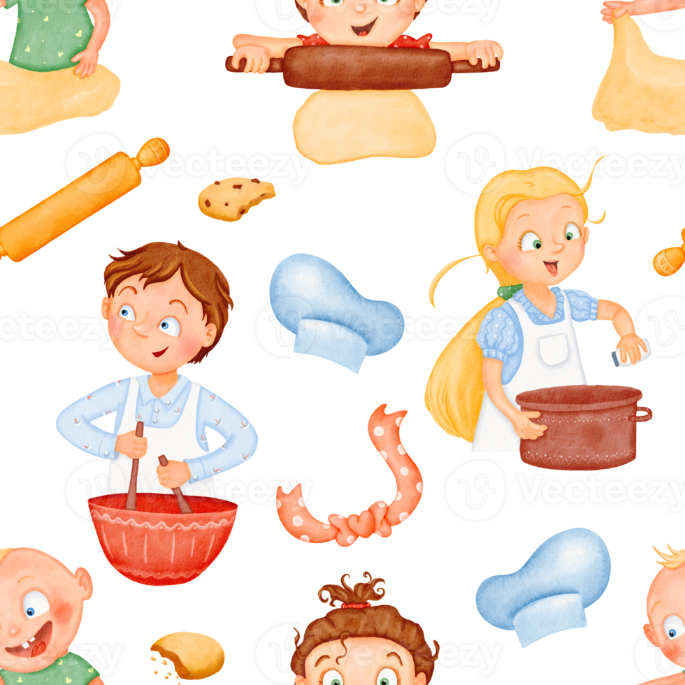 Seamless pattern. Happy funny cute kids are cooking lunch. The little helpers are making dinner. A friendly cozy family. children in the kitchen. Watercolor background Joyful characters png