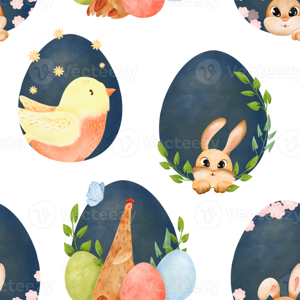 Seamless pattern. Easter compositions with colorful eggs, spring birds, chicks, and bunnies. Perfect for festive designs, essence of Easter, for textiles, stationery, and seasonal decorations png