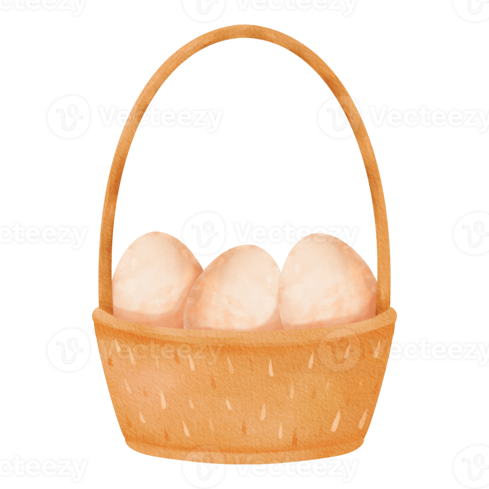 Wooden basket with eggs. Container with a handle, filled with fresh farm produce. Eggs make for a nutritious breakfast, rich in protein. Eco-friendly product. Watercolor isolated illustration png