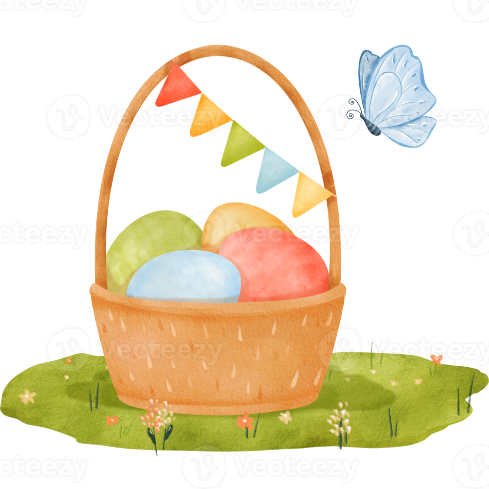 Watercolor composition a woven basket on a grassy meadow. Inside the basket are dyed eggs, adorned with a festive garland and a butterfly. for conveying the joy of spring and Easter. cards and prints png