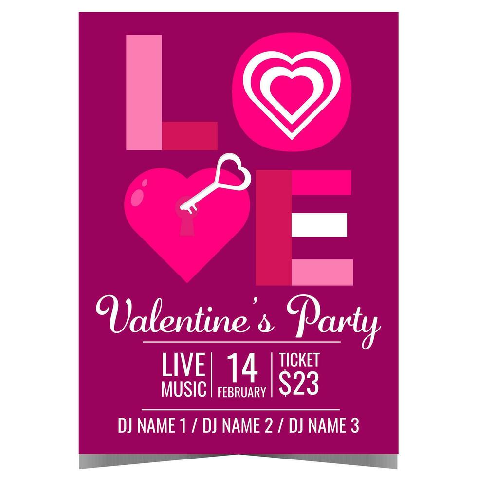 San Valentín día fiesta invitación a celebrar el banquete de Santo enamorado en romántico ambiente a disco danza club. San Valentín día celebracion póster o bandera con un corazón y Perfecto llave para él. vector