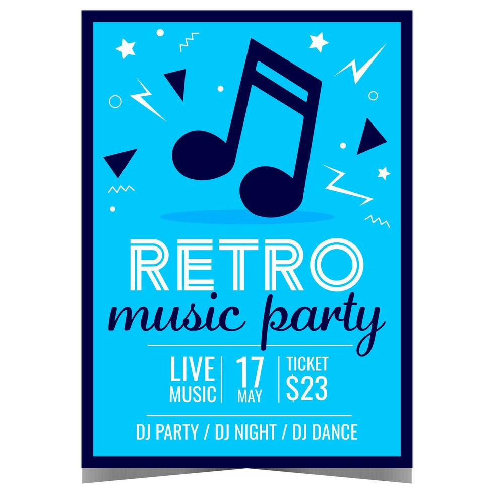 Retro music party invitation poster or banner with dancing music note on the blue background. Vector leaflet or flyer for live music entertainment event  in the nightclub in old vintage style.