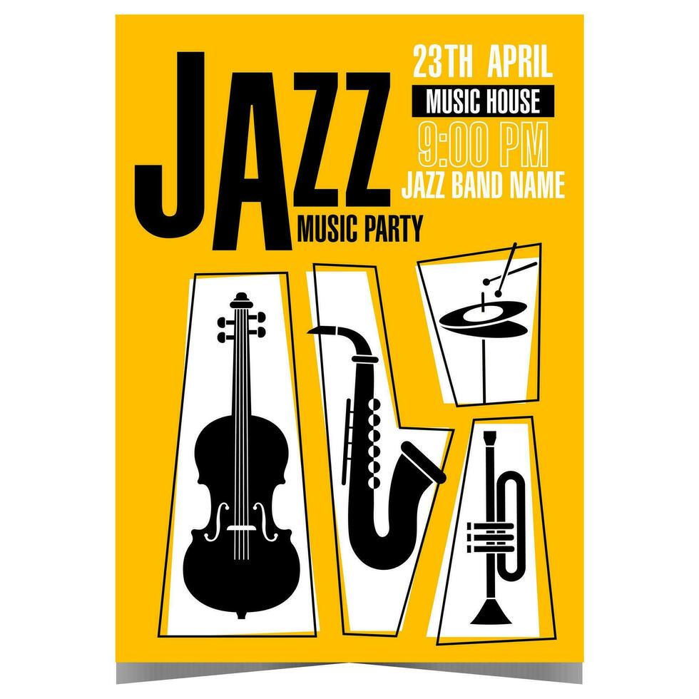 Jazz music party invitation leaflet or flyer with musical instruments such as saxophone, trumpet, cello and hi-hat on yellow background. Vector poster or banner for jazz music festival or concert.
