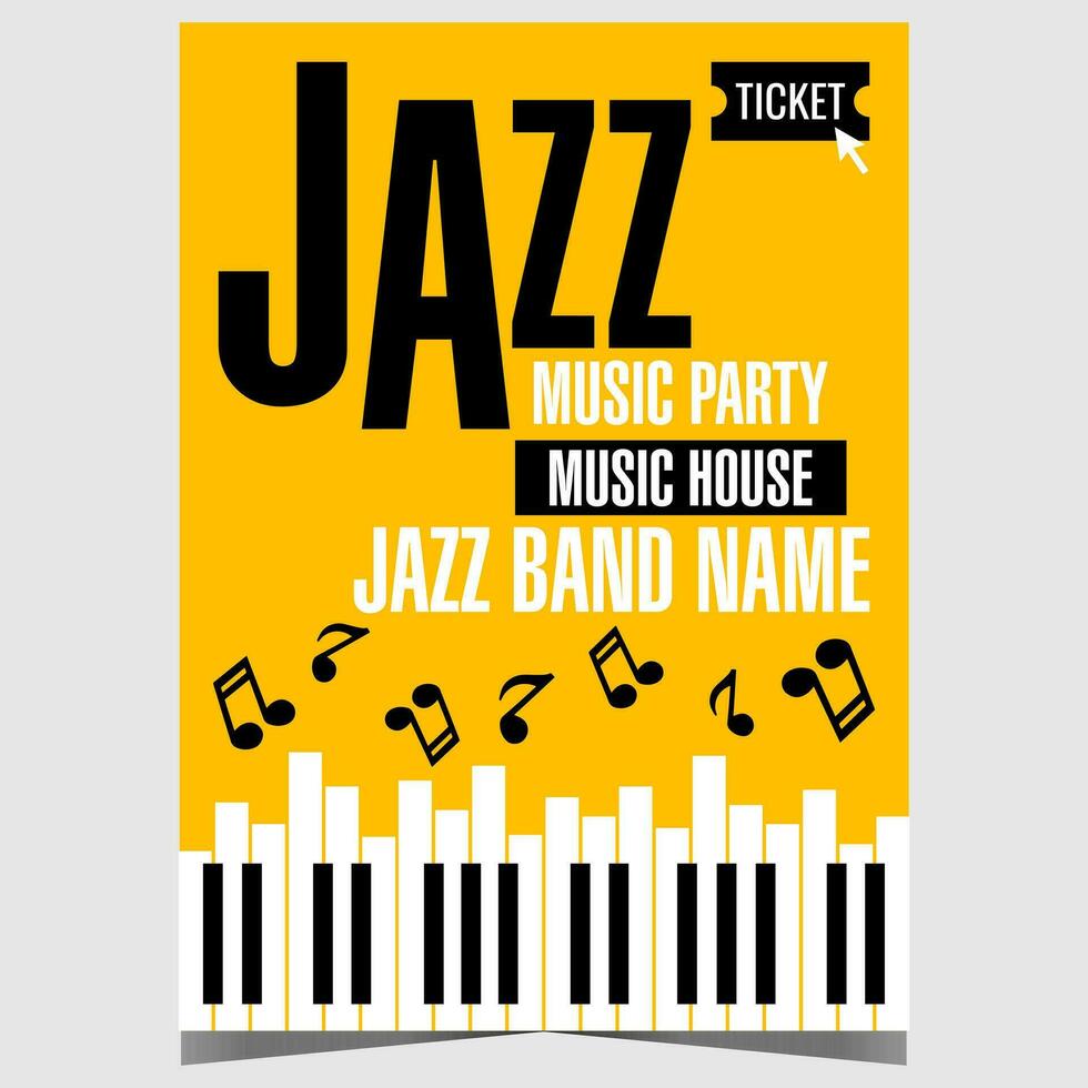 Jazz music party invitation with piano keys and musical notes on yellow background. Vector poster or banner suitable for jazz music festival, live concert or show and other cultural music events.