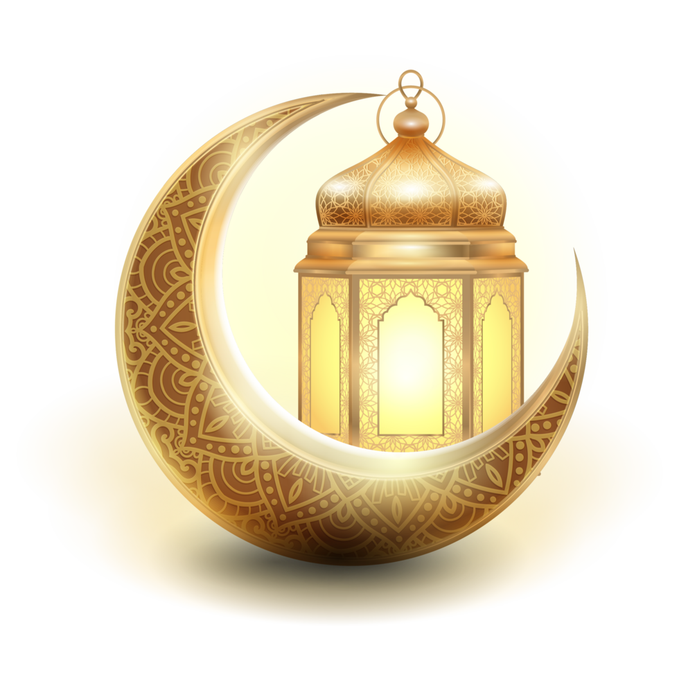 Realistic Ramadan Crescent Moon and Gold Lantern Clip Art png