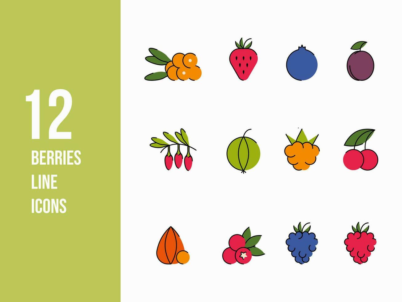Thin line food icons for web and app. Berry icon set such as strawberry, bluenerry, raspberry and more. Flat simple food vector illustrations.