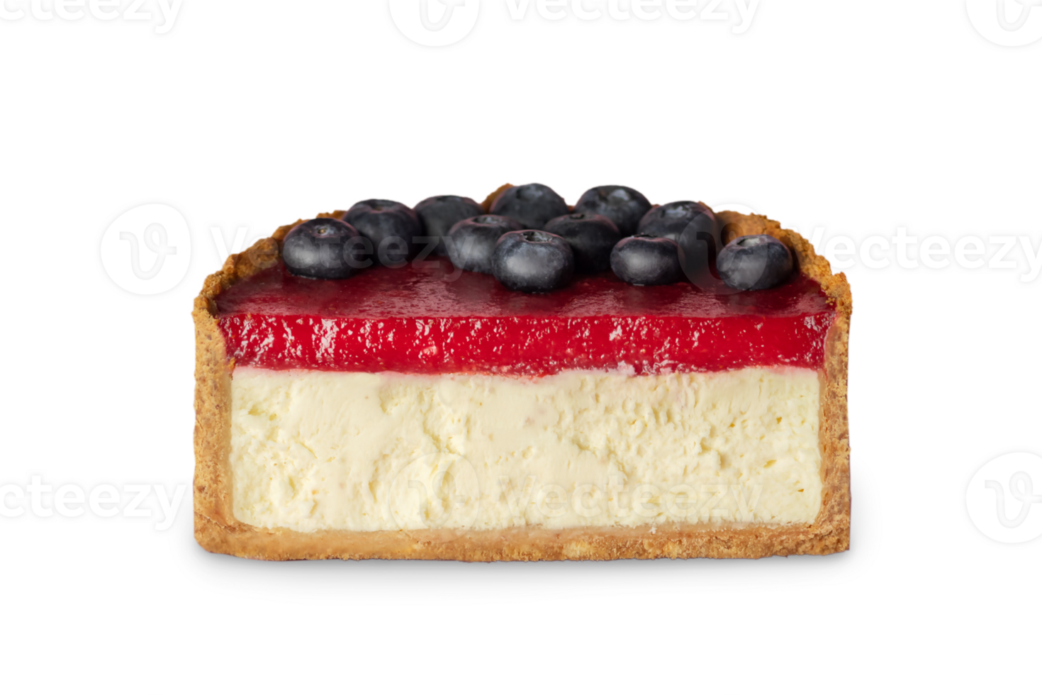 halv av klassisk ny york cheesecake med jordgubb sylt dekorerad med blåbär stänga upp isolerat Foto på transparent png