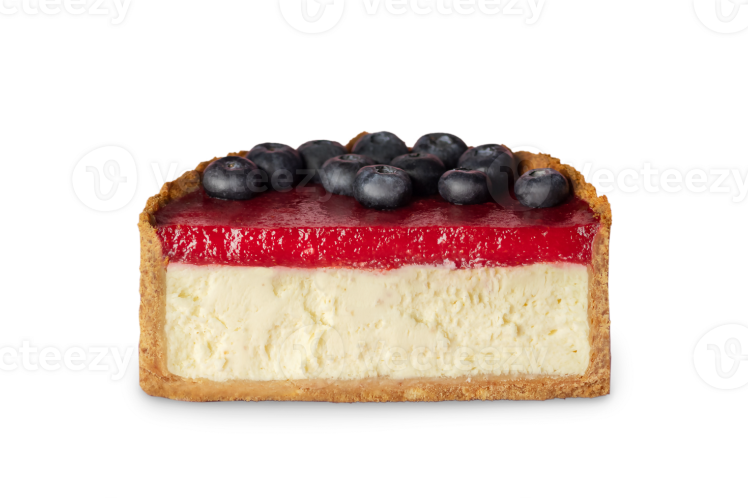 Half of Classic New York cheesecake with strawberry jam decorated with blueberries close up isolated photo on transparent png