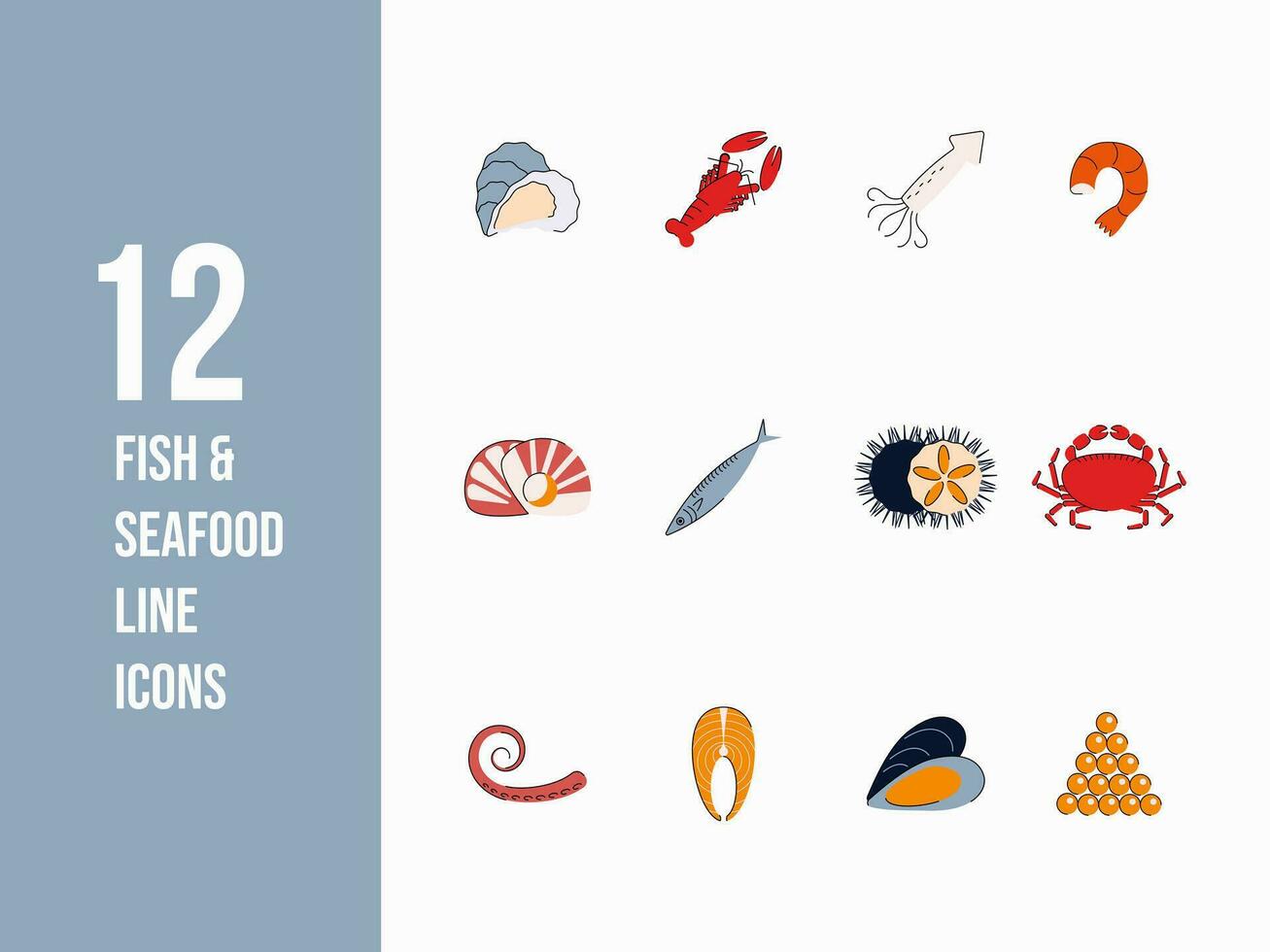 Thin line food icons for web and app. Fish and seafood icon set such as salmon, scallop, oyster, squid and more. Flat simple food vector illustrations.