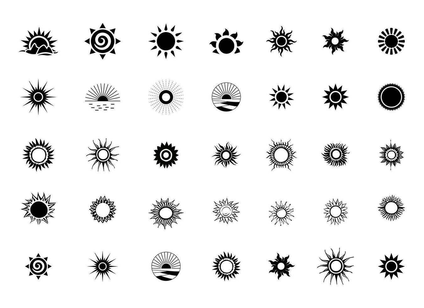 Sun Vector Illustration Clip Art Big Collection, Free Sun Design. Sun Element Isolated Set. Sunlight, Sun Light Shape, Heat Abstract Badge.