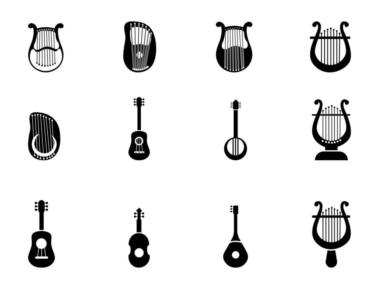 Set OF Collection Classic Lyre Harp Type And Vector Icon Simple Design With Isolated Background.  Lyre Vector Music Play Clip Art Element, Entertainment, Audio Musical Set.