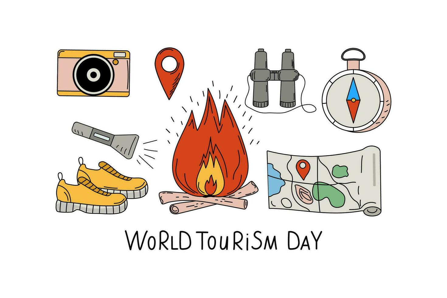 Hiking trip, travel. Set of icons in doodle style. Compass, sneakers, map, fire, flashlight and camera. Hand lettering. Text World Tourism Day. Vector graphics, isolated background.
