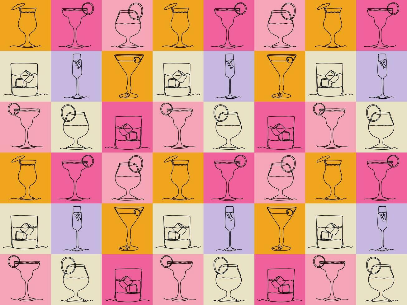 pattern of multicolored squares and one line of art drinks,cocktails,whiskey,champagne,tequila,margarita vector